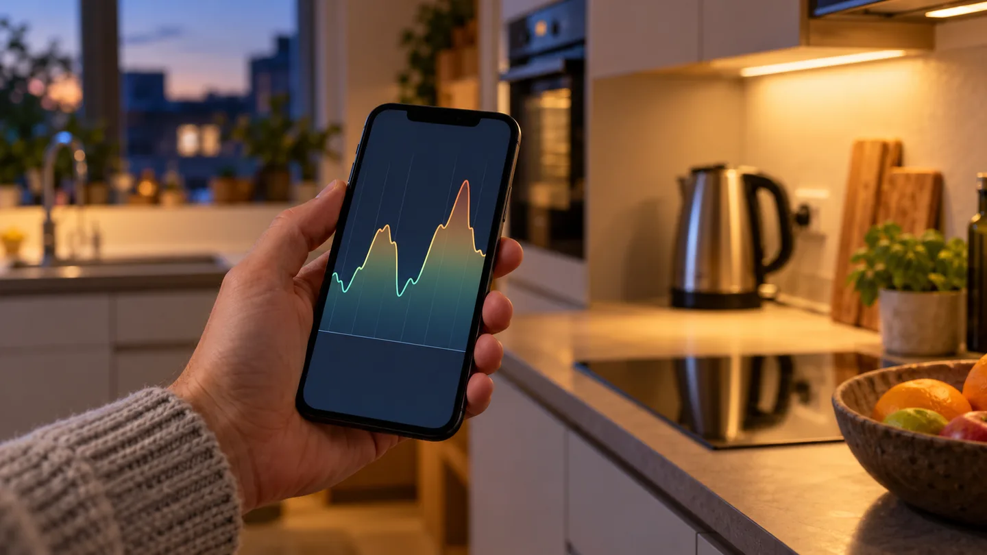 AI-illustratie van een telefoon met een abstracte prijsgrafiek in een keuken