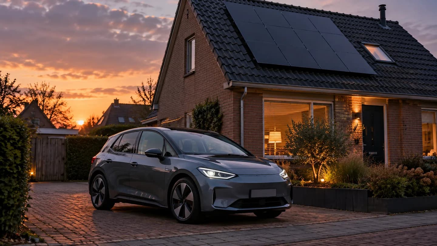 AI-illustratie van een elektrische auto bij een woning met zonnepanelen