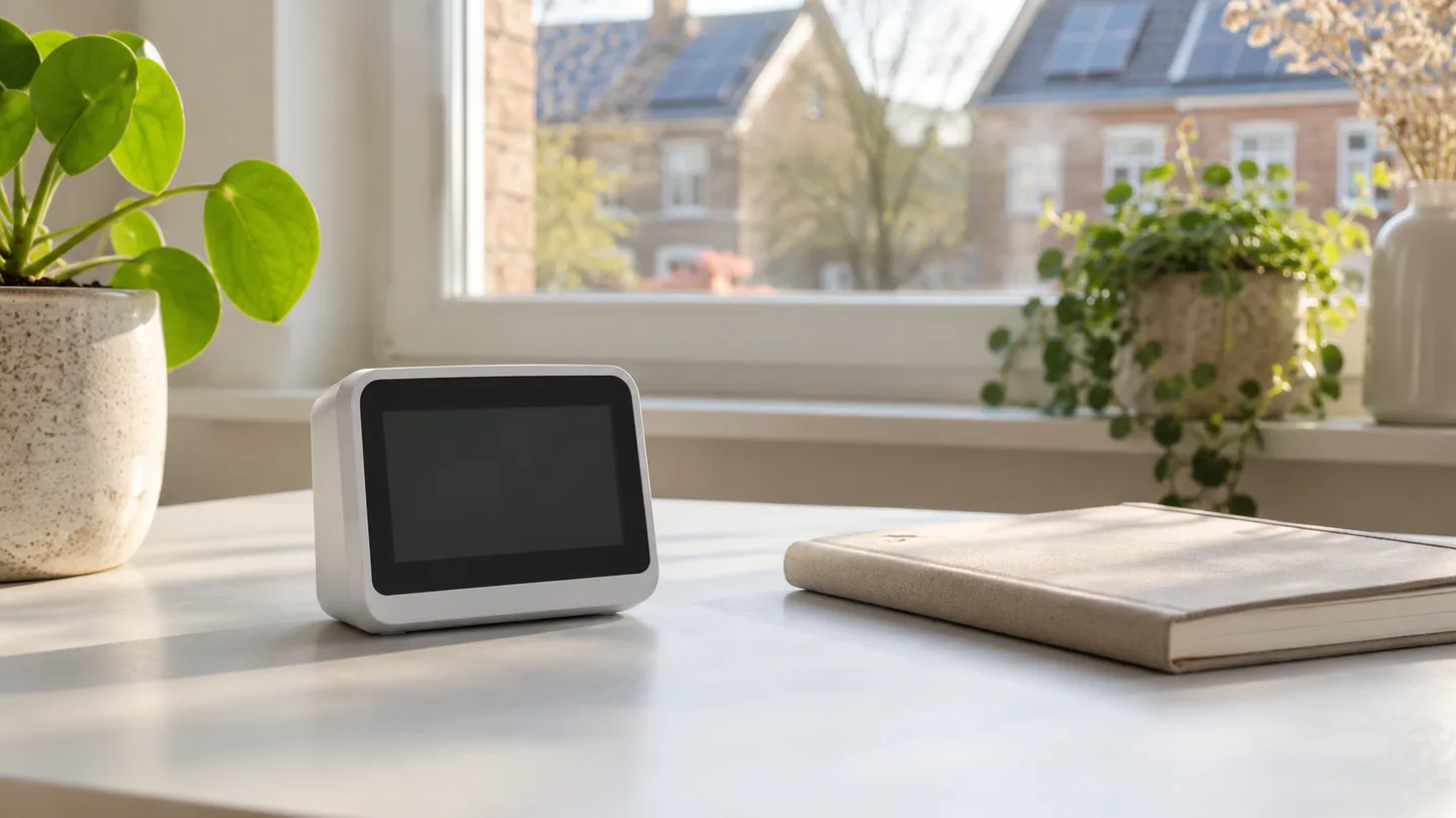AI-illustratie van een energiemeter met blanco scherm en een notitieboek