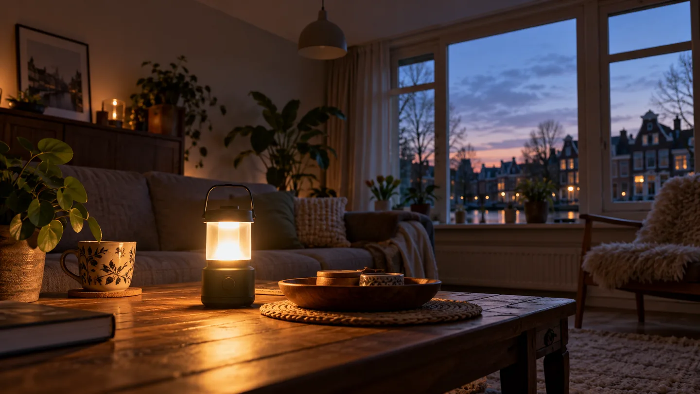 AI-illustratie van een brandende campinglamp in een donkere woonkamer