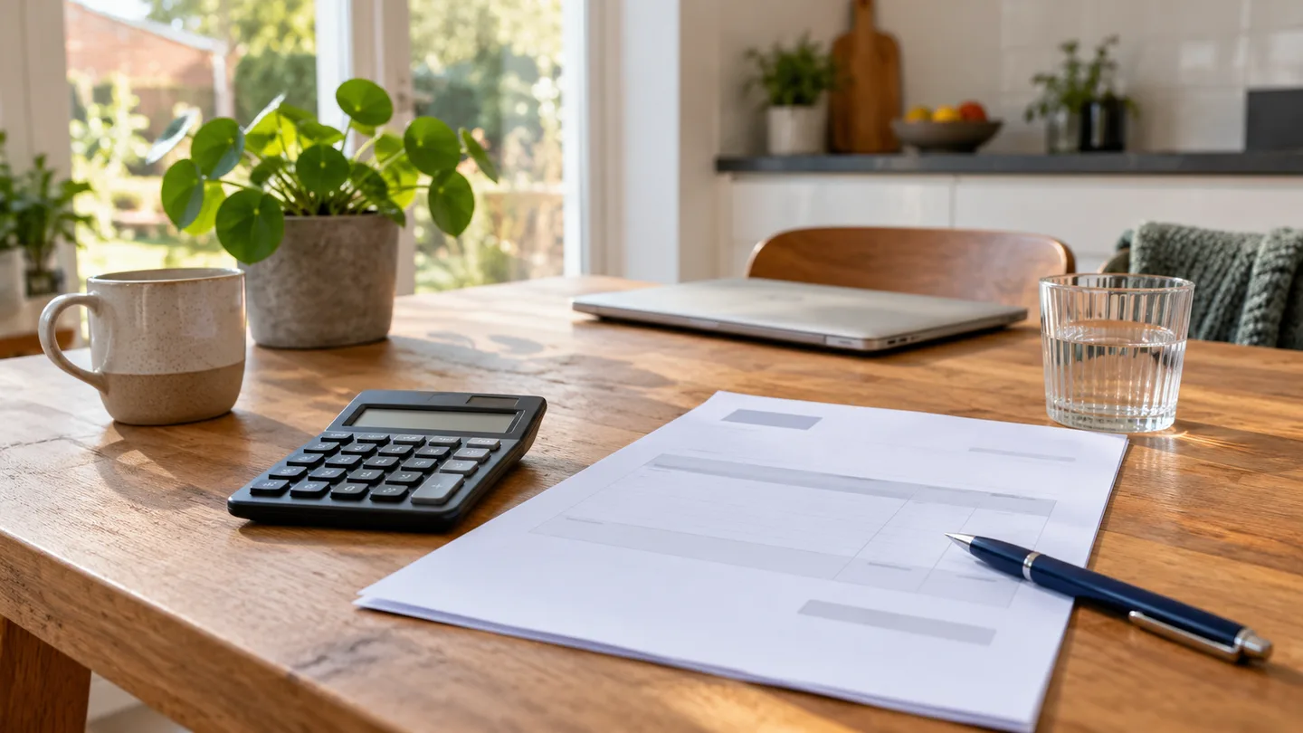 AI-illustratie van een calculator en blanco factuur op een tafel