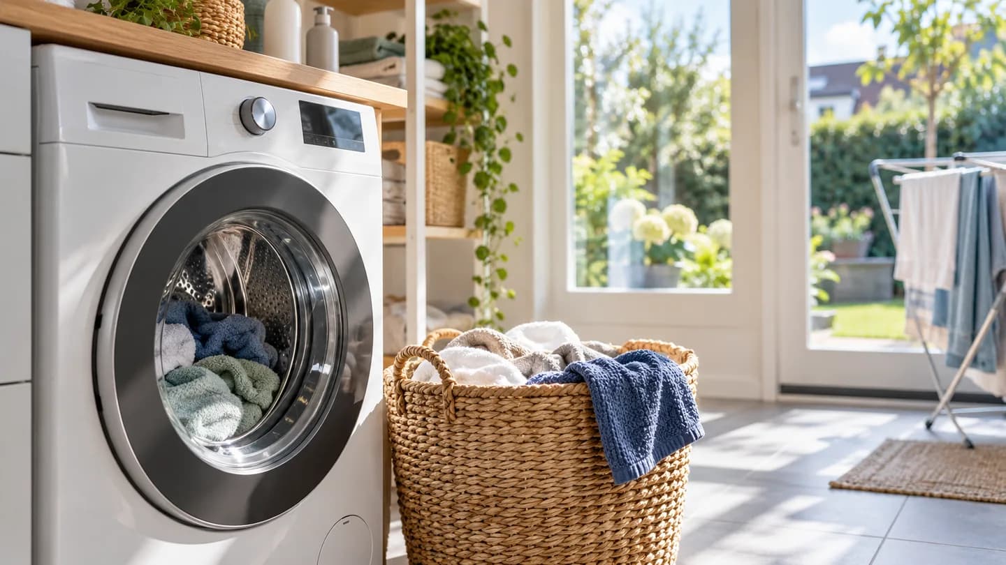 AI-illustratie van een wasmachine in een bijkeuken met middagzon