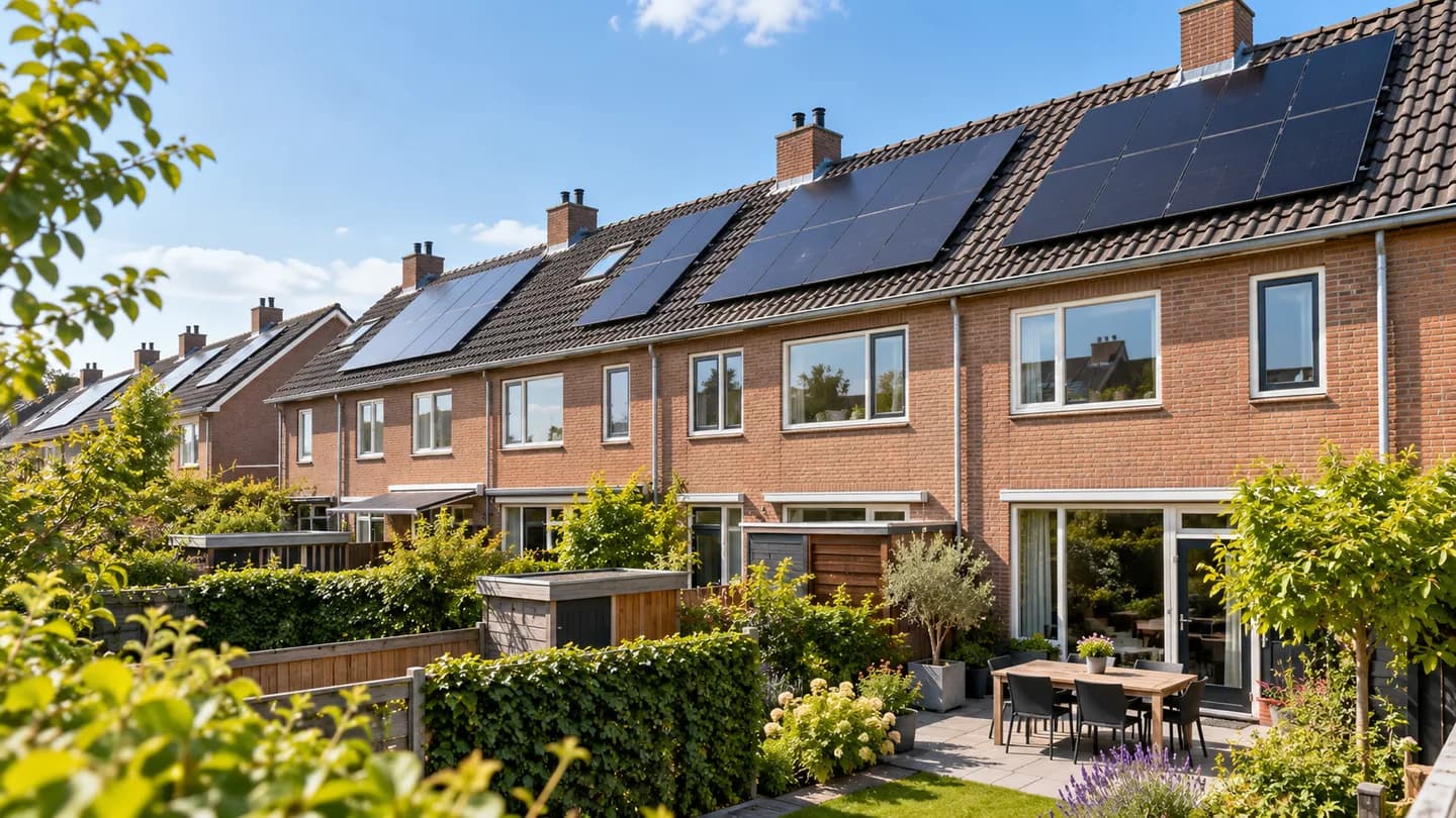 AI-illustratie van Nederlandse rijwoningen met zonnepanelen op het dak
